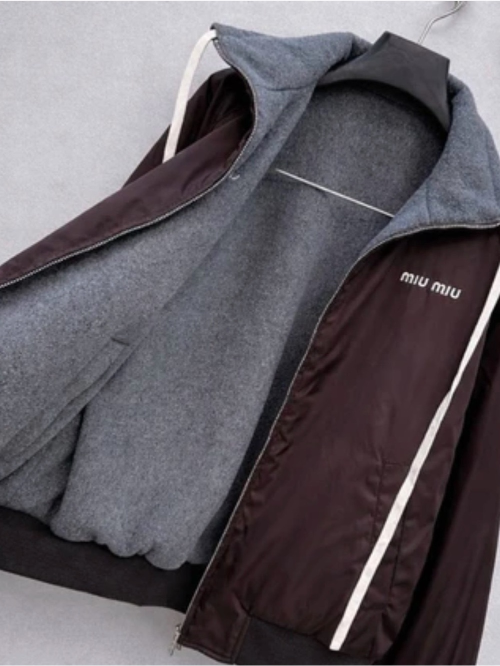 Miu Miu woman's Deep Burgundy Bomber Jacket with Gray Interior